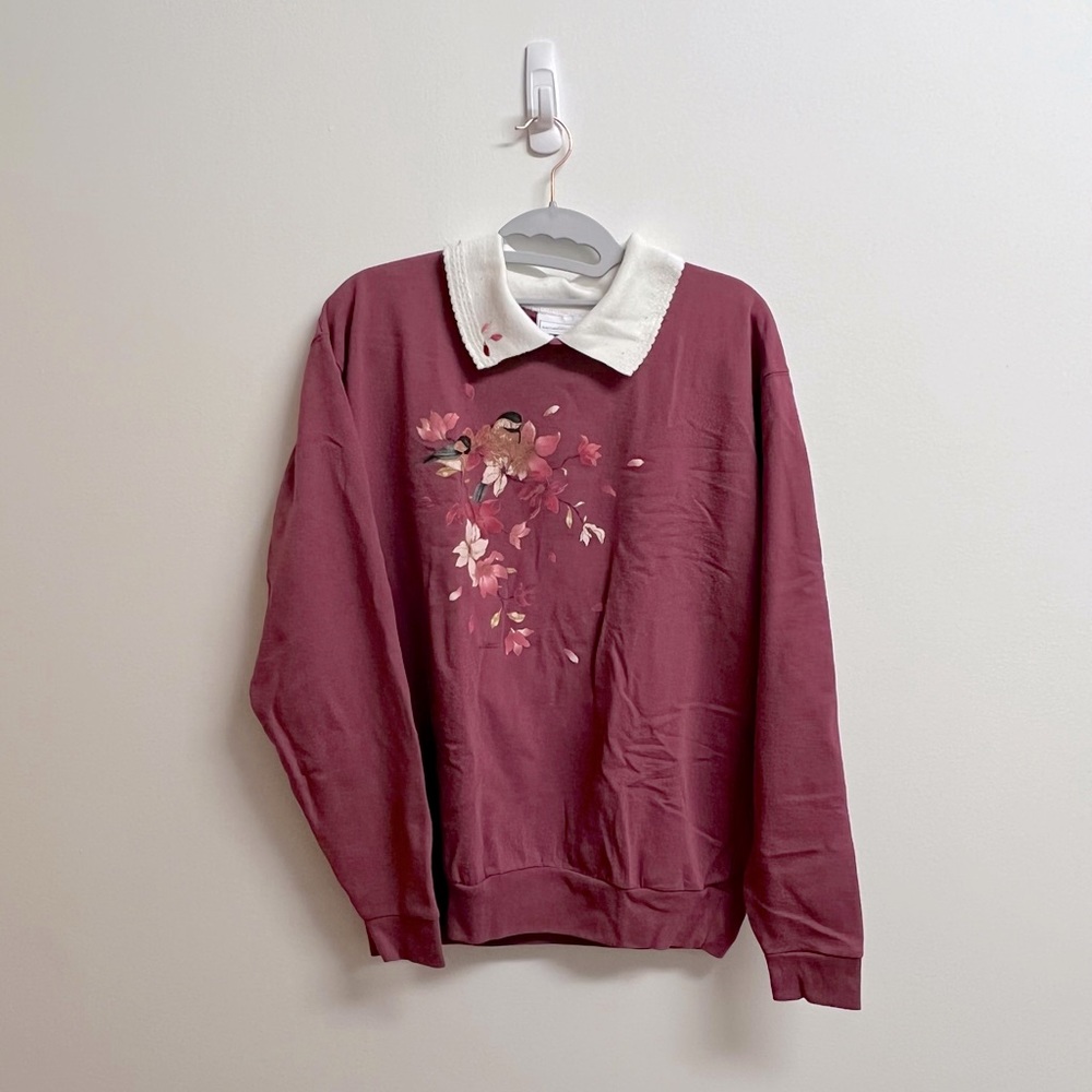 Vintage Collared fall vibes wine dusty red sparrow / cherry blossom sweatshirt